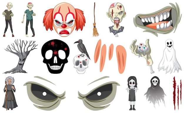 Free Vector set of horror halloween objects and cartoon characters