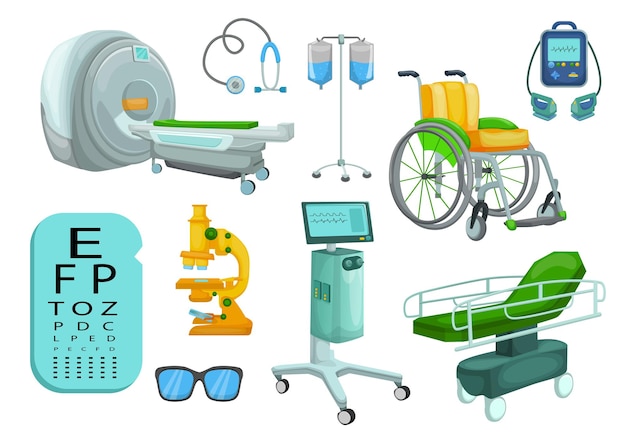 Free vector set of hospital medical equipment and devices cartoon