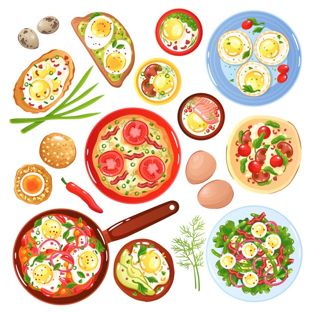 Set of icons dishes from quail and hen eggs with vegetables mushrooms and greenery isolated illustration