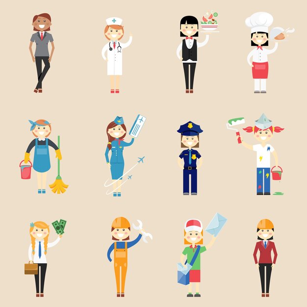 Set of icons of girl characters in professional clothing with a doctor  waitress  cook  chef  cleaner  air hostess  policewoman  painter  architect  engineer  artisan  businesswoman and postwoman