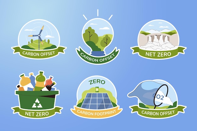 Set icons of net zero and carbon footprint sustainable development stickers green energy reducing co