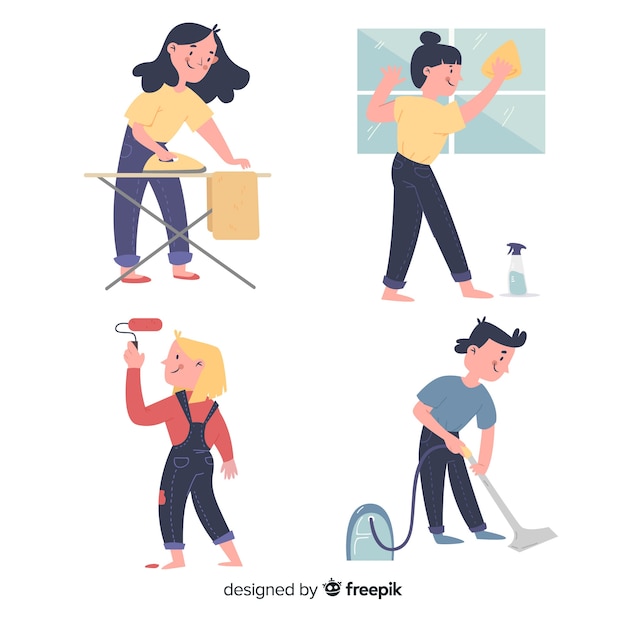 Set of illustrated people doing housework