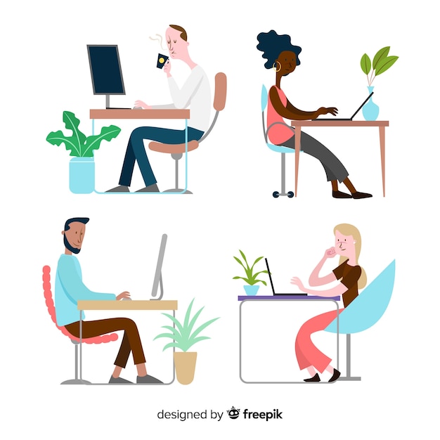 Set of illustrated people working at their desks