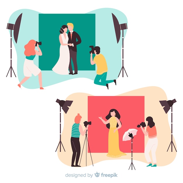 Free Vector set of illustrated photographers taking shots of different models 