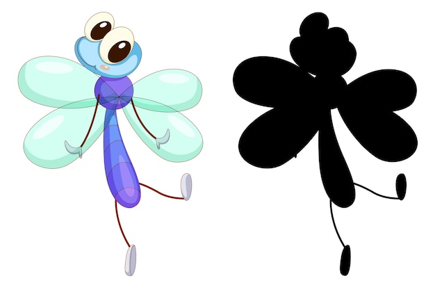 Set of insect cartoon character and its silhouette on white background