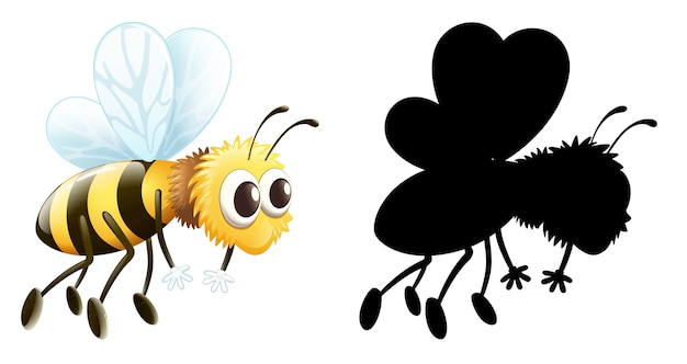 Set of insect cartoon character and its silhouette on white background