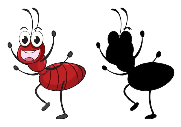 Set of insect cartoon character and its silhouette on white background