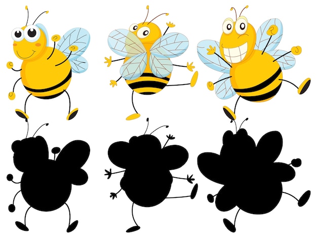 Free Vector set of insect cartoon character and its silhouette on white background