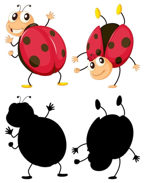 Free Vector set of insect cartoon character and its silhouette