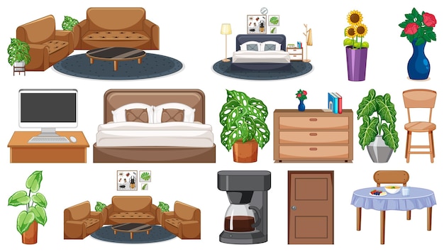 Free Vector set of interior furniture and decorations