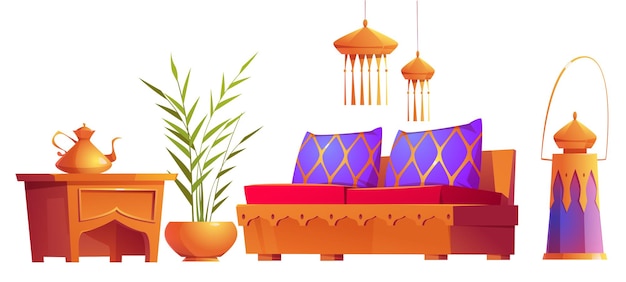 Set of interior furniture and stuff in arabic style, couch with pillows, lanterns and potted plant with teapot on table, oriental arab items, isolated cartoon vector illustration, icons, clip art