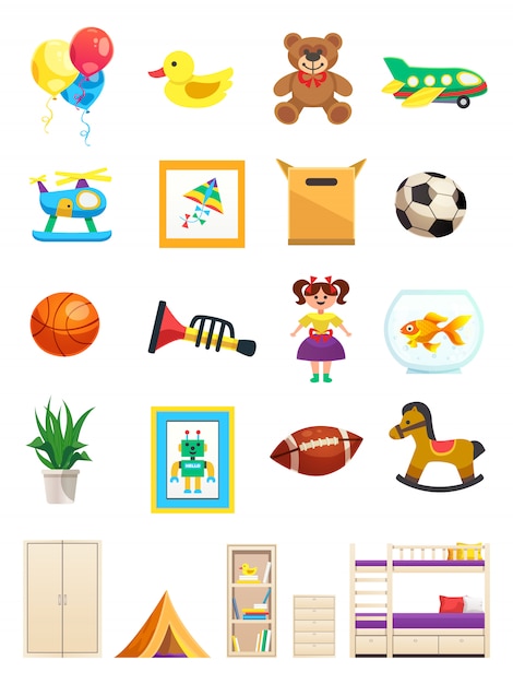 Set of interior objects of children room with furniture toys sports equipment and pet isolated