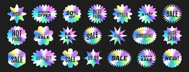 Free vector set of iridescent holographic price stickers starburst sale labels or promo tags