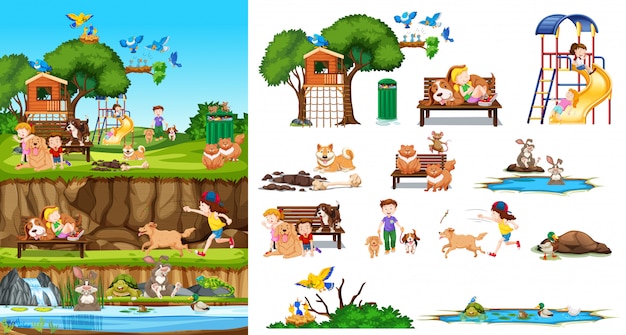 Free Vector set of isolated animals and kids with background scene