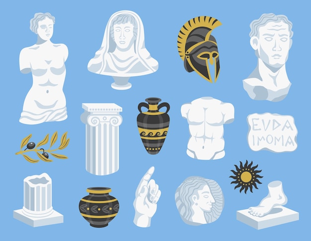 Set of isolated antique statues and signs icons with images of ancient helmets and portrait sculptures vector illustration