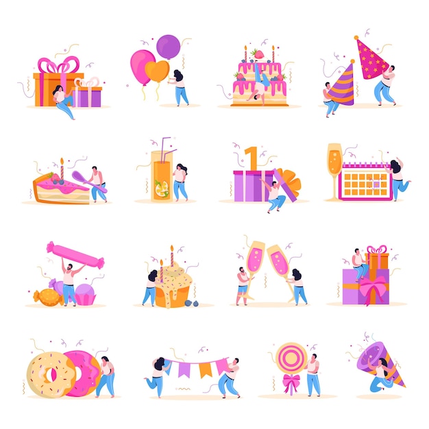 Free vector set of isolated birthday flat icons with human characters and sweets with balloons gifts and decorations vector illustration