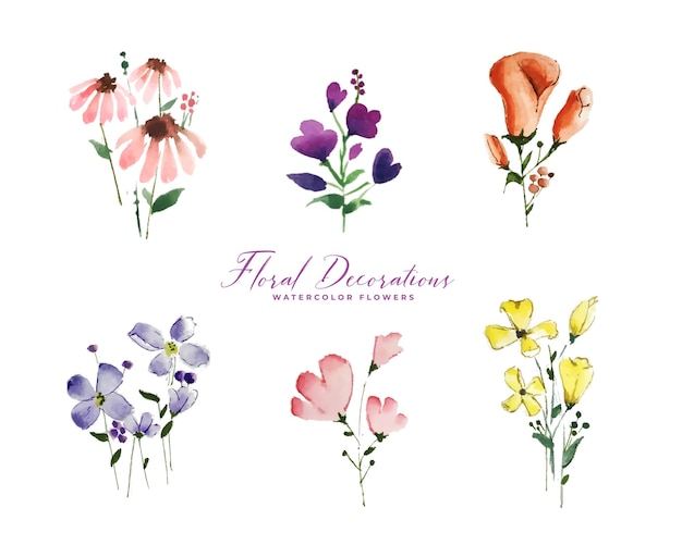 Set of isolated cute watercolor flowers elements