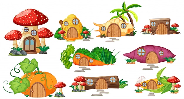 Free vector set of isolated fairy tale houses cartoon style on white background