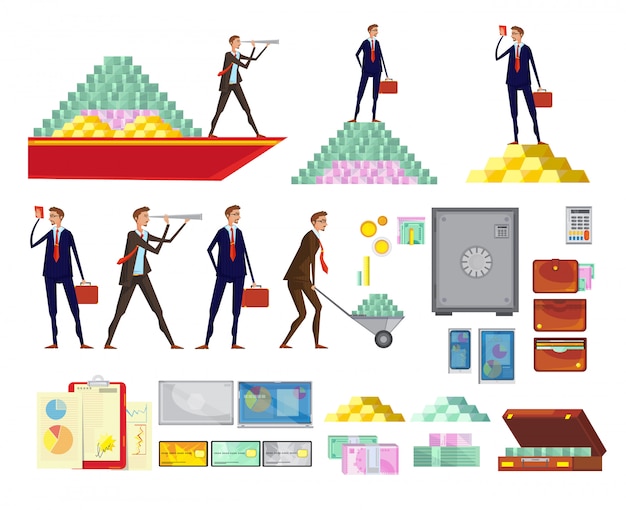 Free Vector set of isolated financial wealth cartoon images of clerk characters cash pyramids safe boxes and sui