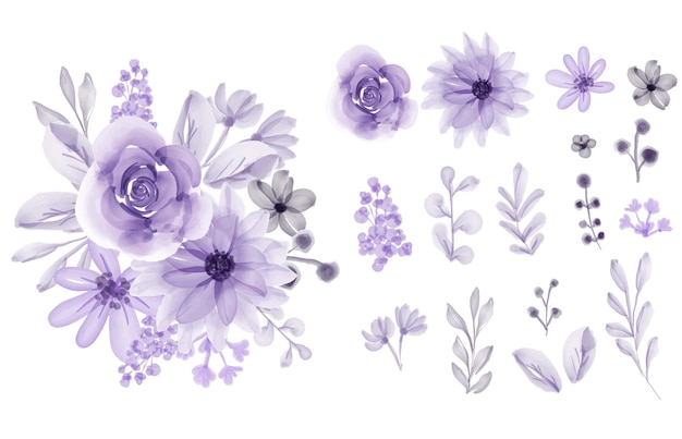 Set of isolated flower leaves flower purple soft watercolor