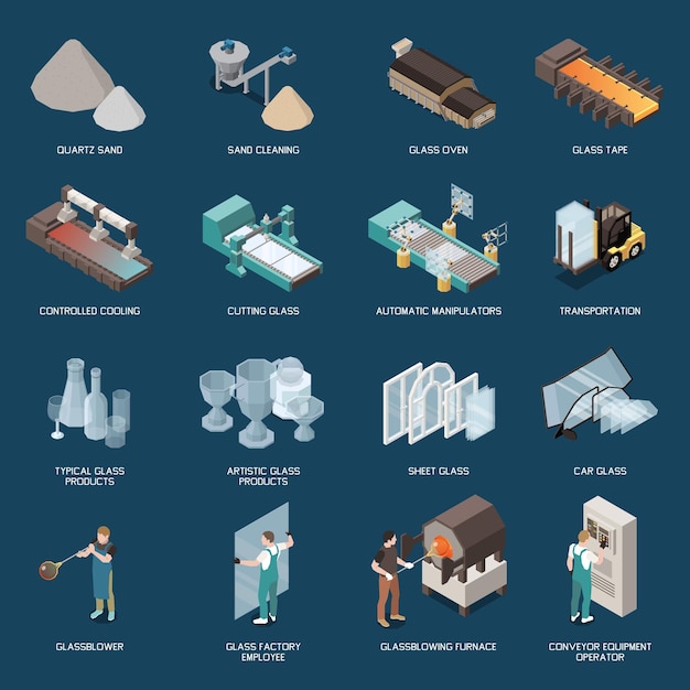 Free vector set of isolated glass production isometric icons with text captions and images of products and machinery vector illustration