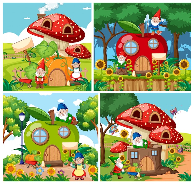 Set of isolated gnome fairy tale houses cartoon style on garden background