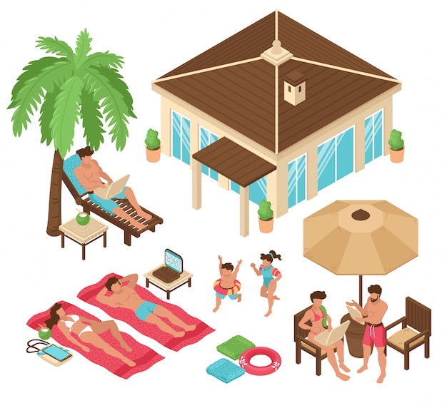 Free Vector set of isolated isometric beach house tropic freelance people remote work colorful images with human characters vector illustration