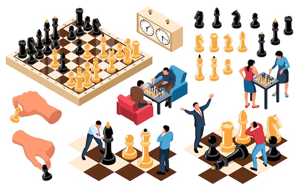 Free Vector set of isolated isometric chess icons with images of human hands holding figures and players characters vector illustration