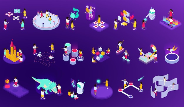 Free Vector set of isolated modern futuristic playground icons with isometric images of play equipment and virtual amusement vector illustration