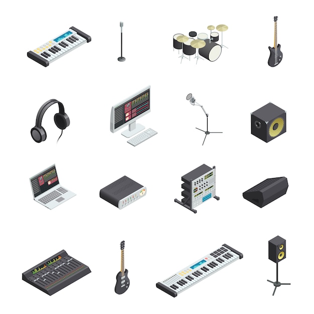 Free Vector set of isolated music recording studio gear icons with various musical instruments modules and mixin