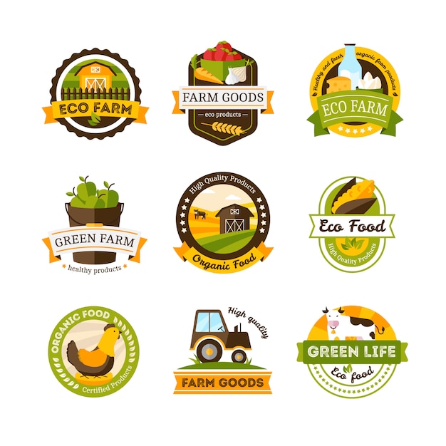 Free Vector set of isolated organic food farm emblems or labels set