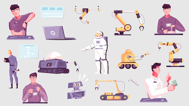 Set of isolated robotics icons and flat images of intelligent robots and manipulators controlled by people vector illustration