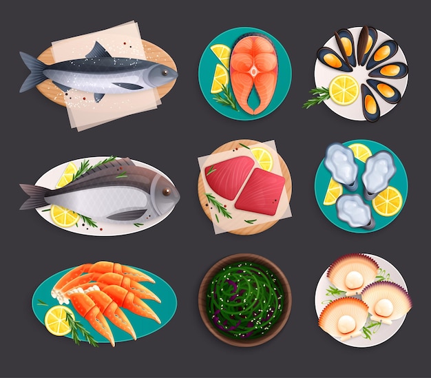 Free Vector set of isolated seafood flat icons with images of served dishes with lemon slices and fish vector illustration