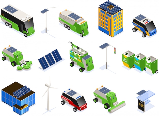 Set of isolated smart urban ecology isometric icons with futuristic transport units buildings and solar batteries