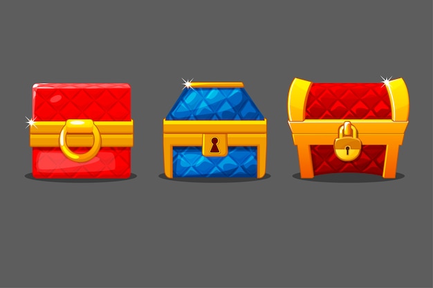 Free Vector a set of isolated soft chests of different shapes. colored chests with locks.