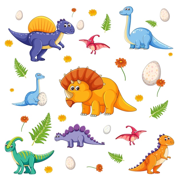 Set of isolated various dinosaurs cartoon character on white background