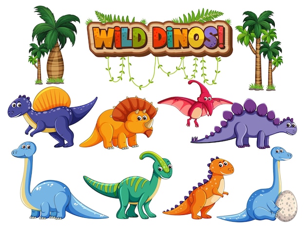 Set of isolated various dinosaurs cartoon character on white background