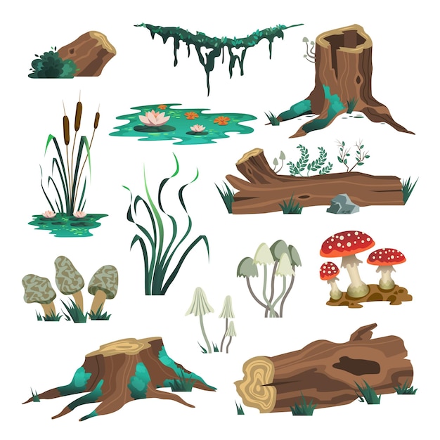 Free vector set of isolated wild forest images with moss logs mushrooms and swamp elements on blank background vector illustration