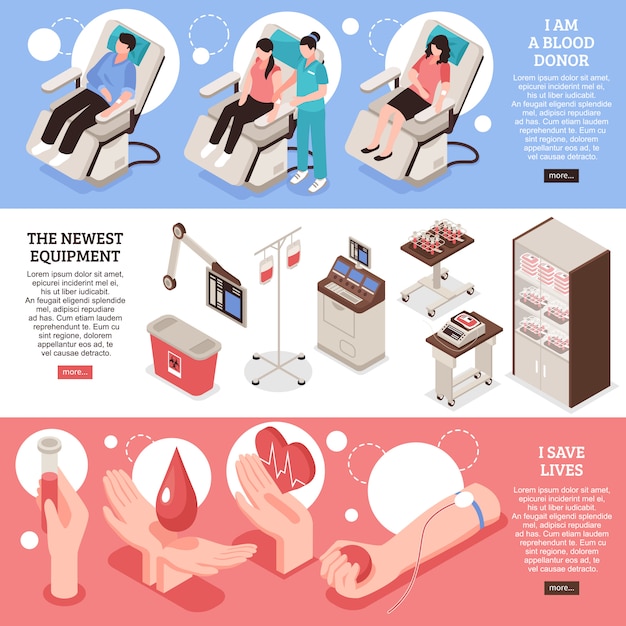 Free Vector set of isometric horizontal banners blood donor saving of lives modern medical equipment