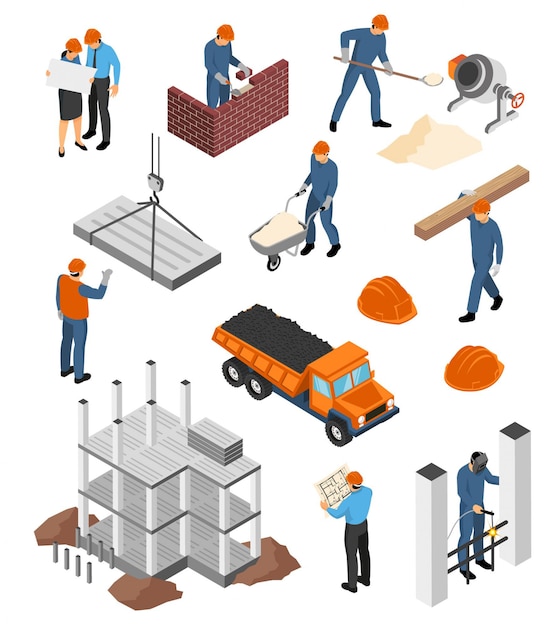 Set of isometric icons architects with blueprints and builders at work with construction materials isolated