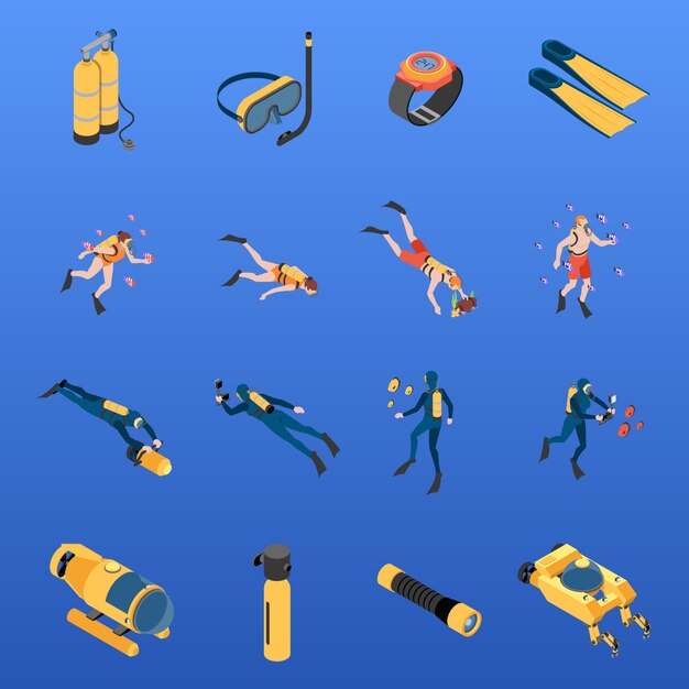 Set of isometric icons human characters with scuba diving equipment isolated vector illustration