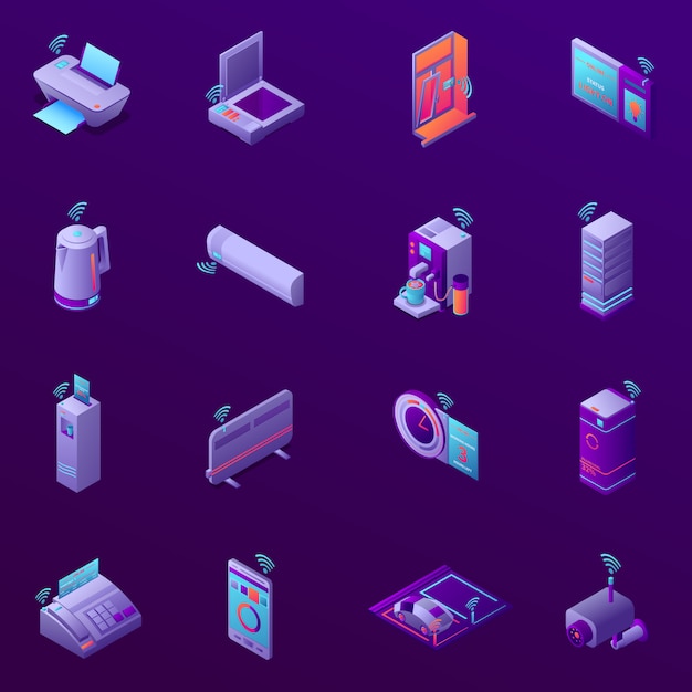 Set of isometric icons with iot technology for business office isolated vector illustration