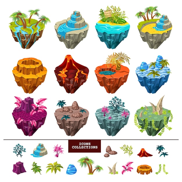 Free Vector set of isometric islands with palms, volcano, waterfall, water cascades, sea, rivers.