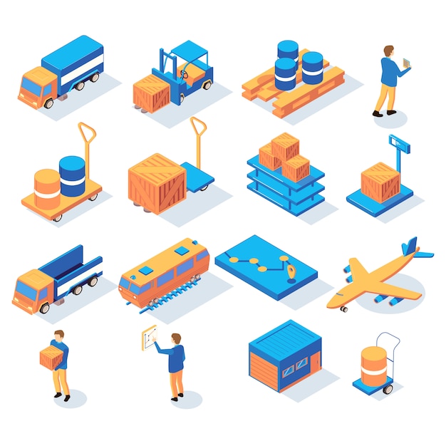 Set of isometric logistics delivery icons with people and images of transportation vehicles and stock parcels vector illustration