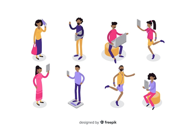 Set of isometric people using technological devices