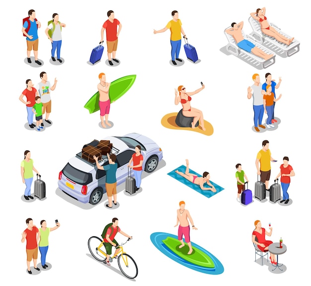 Set of isometric people during vacation traveling by car surfing bicycle riding beach holiday isolated