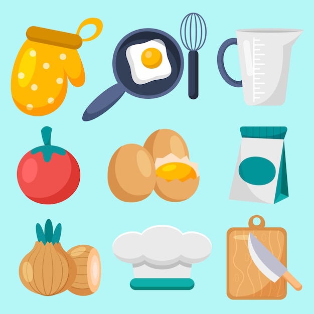 Free Vector set of items object element use in kitchen with meal in cartoon design flat vector illustration