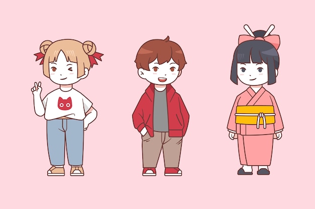 Free Vector set of kawaii japanese kids