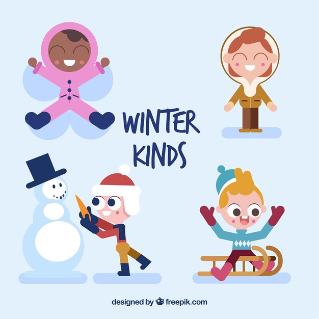 Set of kids doing winter activities