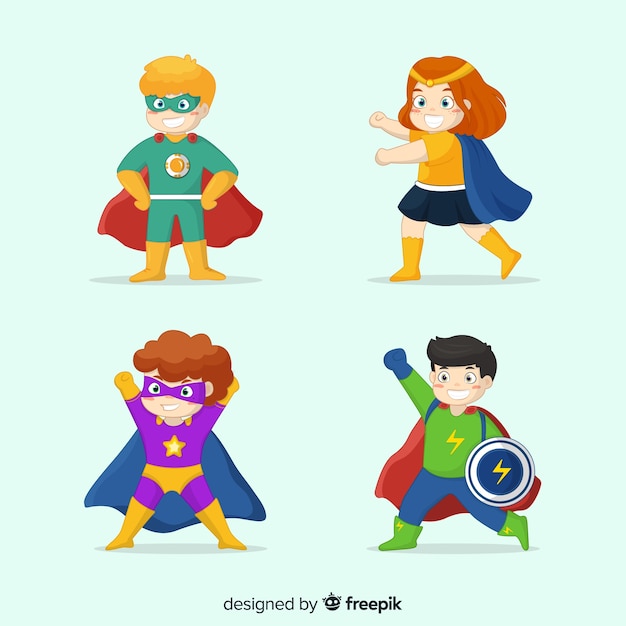 Free vector set of kids dressed as superheroes